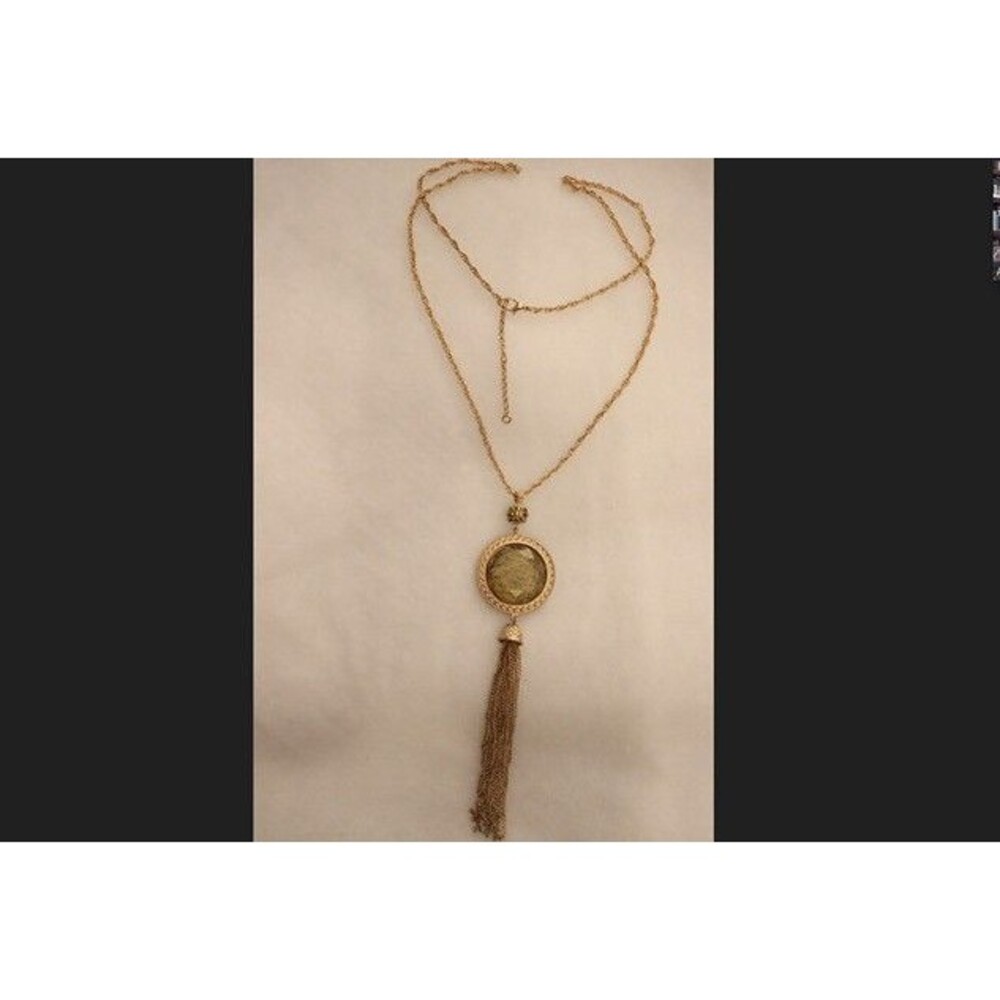 16" golden black round art glass pendant vintage style long tassel necklace
